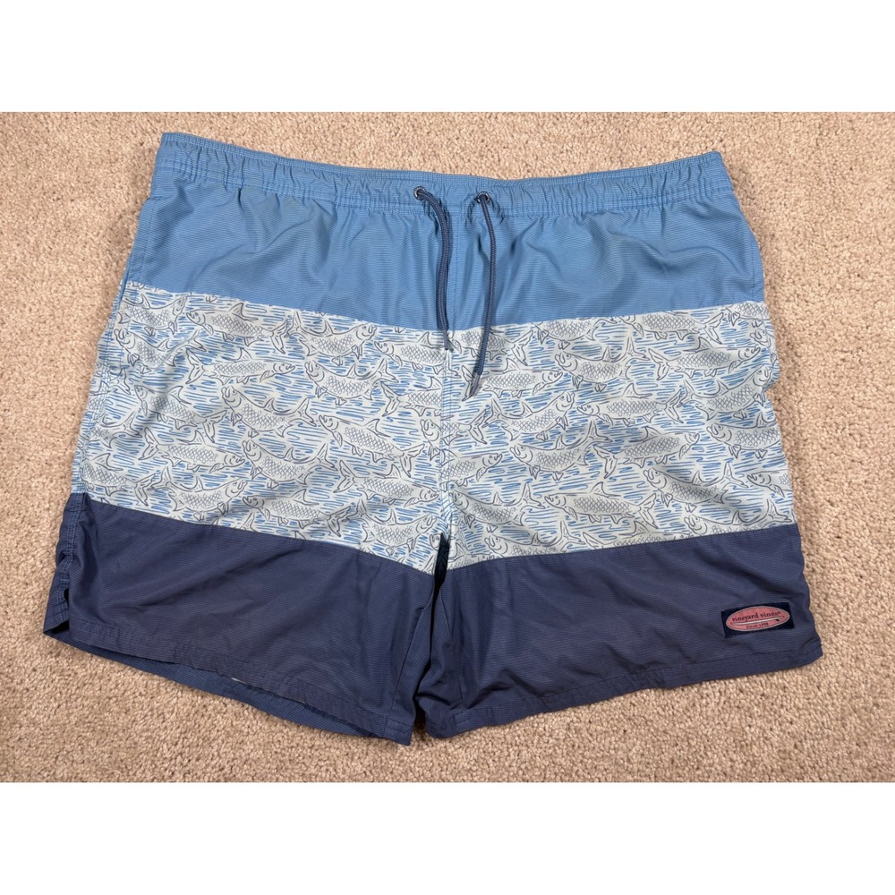 Vineyard Vines Mens XL Blue Colorblock Fish Chappy Swim Trunks 7 Inch Inseam